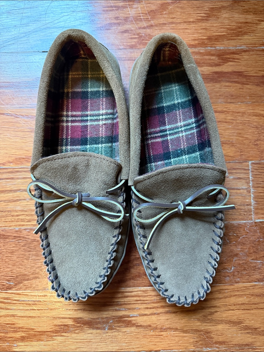 Men's Suede Moccasin Slip-Ons in Olive Green with Plaid Lining